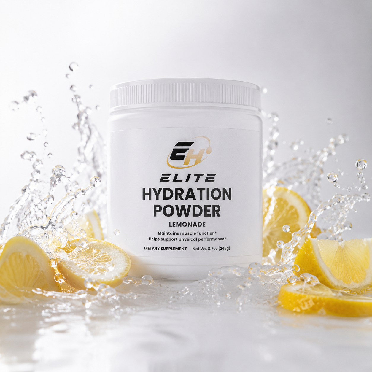 Elite Hydration Powder in Lemonade flavor surrounded by a splash of water and fresh lemon slices
